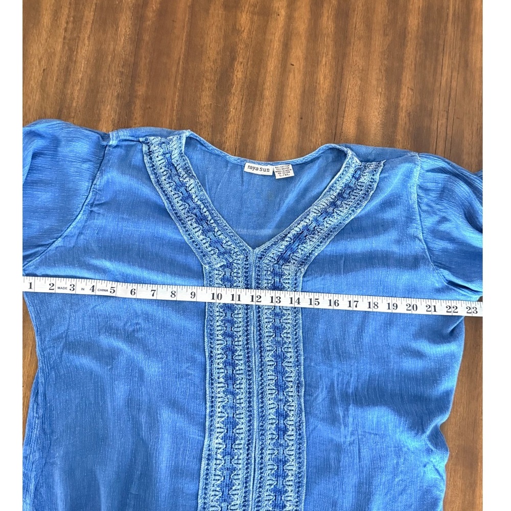 Raya Sun Womens Blue Embroidered V-Neck Tunic Top L/XL Boho Cotton Rayon - Picture 7 of 9